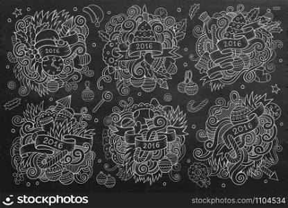 2016 New year doodles cartoon hand drawn designs set. Vector chalkboard illustration. New year doodles cartoon hand drawn designs set. Vector cha