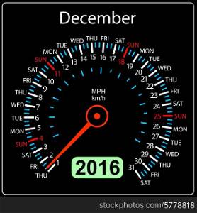 2016 year calendar speedometer car. December. Vector illustration.