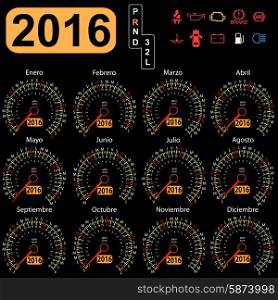 2016 year calendar speedometer car in Spanish. Vector illustration.. 2016 year calendar speedometer car in Spanish. Vector illustrati