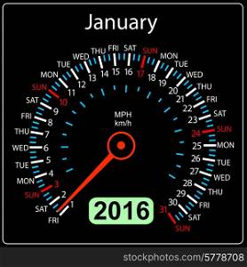 2016 year calendar speedometer car. January. Vector illustration.