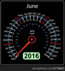 2016 year calendar speedometer car. June. Vector illustration.
