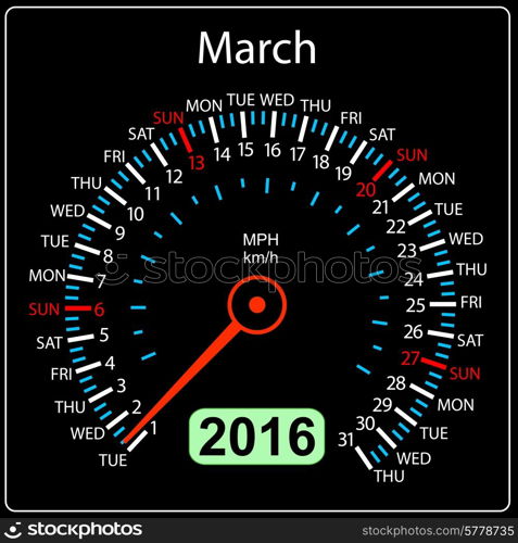 2016 year calendar speedometer car. March. Vector illustration.