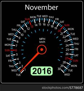 2016 year calendar speedometer car. November. Vector illustration.