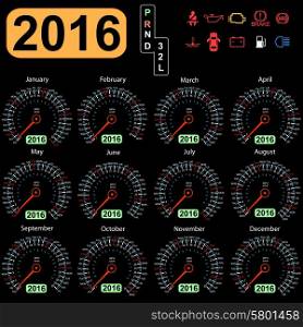 2016 year calendar speedometer car. Vector illustration.