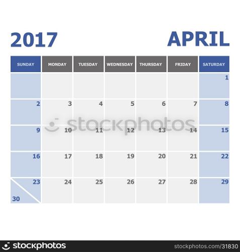 2017 April calendar week starts on Sunday, stock vector
