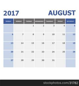2017 August calendar week starts on Sunday, stock vector