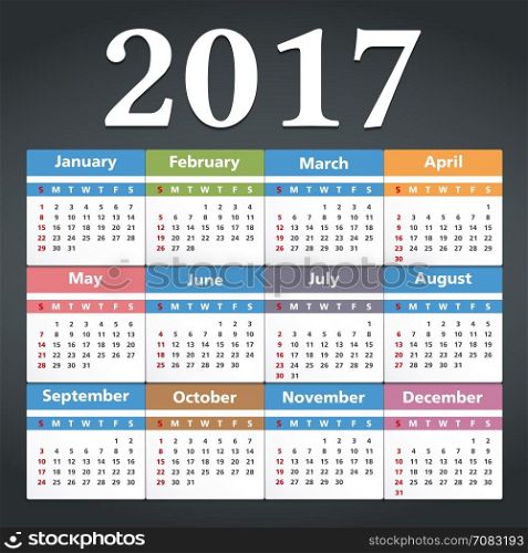 2017 Calendar. 2017 Calendar on dark background, vector eps10 illustration