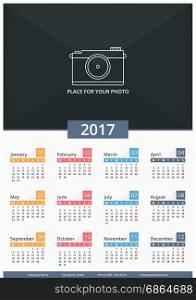 2017 Calendar. 2017 Wall calendar, week starts on Monday, A3 size, place for your photo, vector eps10 illustration