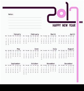 2017 Calendar Template.Calendar for 2017 year.Vector design stationery template.Week starts Monday.Flat style color vector illustration.Yearly calendar template.Calendar 2017 Set of 12 Months.