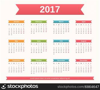 2017 Calendar, week starts on Monday, vector eps10 illustration. 2017 Calendar