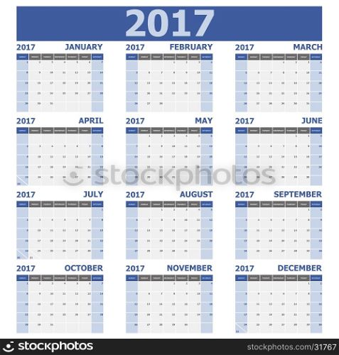 2017 calendar week starts on Sunday (12 months set), stock vector