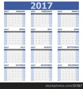 2017 calendar week starts on Sunday (12 months set), stock vector