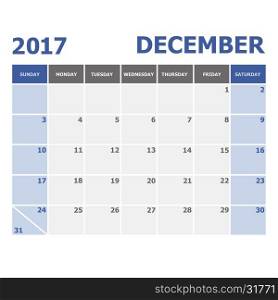 2017 December calendar week starts on Sunday, stock vector