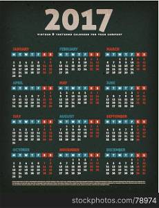 2017 Design Calendar On Black Background. Illustration of a vintage design calendar for year 2017, with weeks beginning on monday and grunge textured background