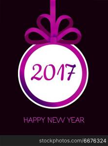 2017 Happy New Year Round Banner with Violet Bow. Happy New Year 2017 round banner with violet ribbon and big bow. Toy with white center. Christmas tree decoration. Bow with four narrow petals. Simple cartoon design. Front view. Flat style. Vector.