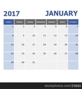 2017 January calendar week starts Sunday, stock vector