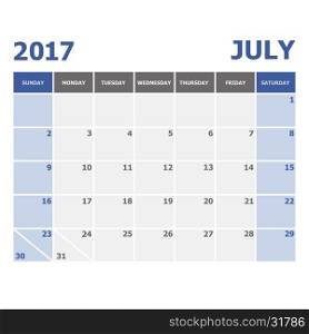 2017 July calendar week starts on Sunday, stock vector