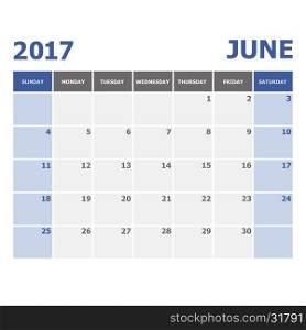 2017 June calendar week starts on Sunday, stock vector