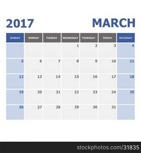 2017 March calendar week starts on Sunday, stock vector