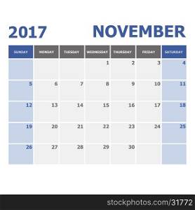 2017 November calendar week starts on Sunday, stock vector