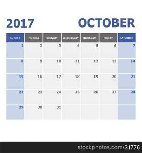 2017 October calendar week starts on Sunday, stock vector