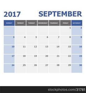 2017 September calendar week starts on Sunday, stock vector