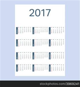 2017 template calendar. Year 2017 calendar simple design. Week start sunday. Vector illustration