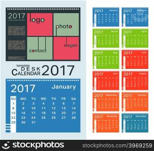 2017 year calendar template. Cover calendar with place for photo, logo, text. Week start sunday. Vector illustration.