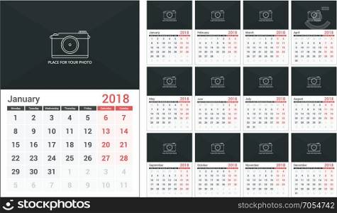 2018 Calendar. 2018 Calendar template, a3 size, place for your photo, 12 pages, vector eps10 illustration