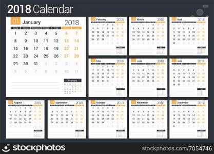 2018 Calendar. 2018 Calendar template, planner, 12 pages, vector eps10 illustration