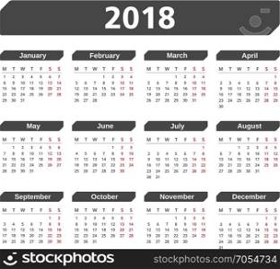 2018 Calendar. 2018 Calendar, week starts on Monday, vector eps10 illustration
