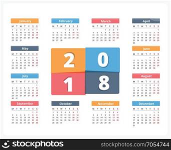2018 Calendar. 2018 Calendar, week starts on Monday, vector eps10 illustration
