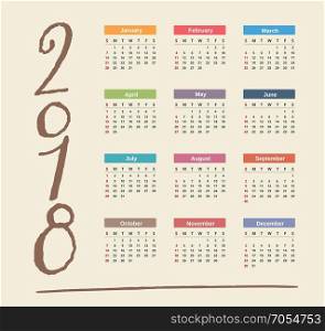 2018 Calendar. 2018 Calendar, week starts on Sunday, vector eps10 illustration