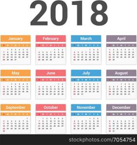2018 Calendar. 2018 Calendar, week starts on Sunday, vector eps10 illustration