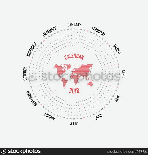 2018 Calendar Template.Circle calendar template.Calendar 2018 Set of 12 Months.Starts from Sunday.Vector illustration.