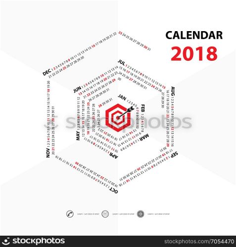 2018 Calendar Template.Hexagon shape calendar.Vector design stationery template.Flat style color vector illustration.Yearly calendar template.Calendar 2018 Set of 12 Months.