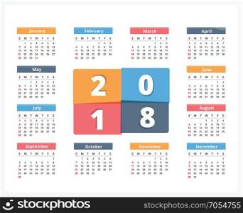 2018 Calendar, week starts on Sunday, vector eps10 illustration. 2018 Calendar
