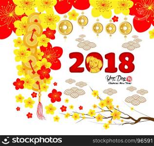 2018 Chinese New Year Greeting Card, Paper cut with Yellow Dog and Sakura Flowers Background (hieroglyph: Dog)