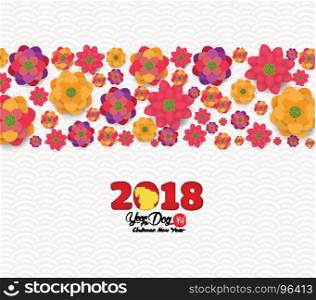 2018 chinese new year greeting card, paper cut with yellow dog and blooming background