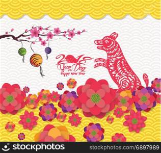 2018 chinese new year greeting card with traditionlal blooming border. Year of dog
