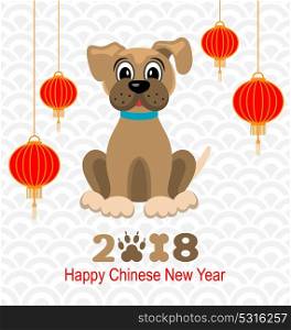 2018 Happy Chinese New Year of Dog, Lanterns and Doggy. 2018 Happy Chinese New Year of Dog, Lanterns and Doggy, Celebration Eastern Card - Illustration Vector