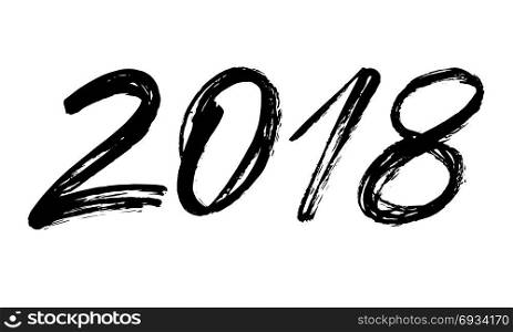 2018 Happy New Year Vector illustration. Holiday design template. Hand drawn lettering greeting card with brush lettering calligraphy for 2018 Happy New Year. Grunge Vector illustration Black text on white background