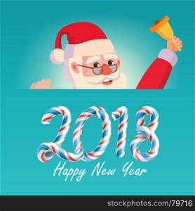 2018 Merry Christmas And Happy New Year Greeting Card With Santa Claus Vector. Holidays Cartoon Illustration. 2018 Happy New Year Greeting Card With Santa Claus Vector. Holidays Cartoon Illustration