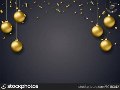2018 New Year background for holiday greeting card, invitation, party flyer, poster, banner. Gold ball, snowflake, confetti on black background.. 2018 New Year background