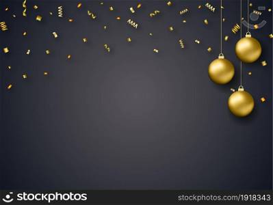 2018 New Year background for holiday greeting card, invitation, party flyer, poster, banner. Gold ball, snowflake, confetti on black background.. 2018 New Year background