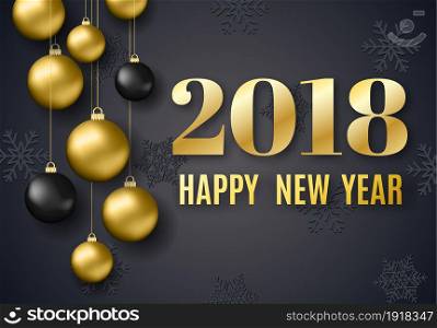 2018 New Year background for holiday greeting card, invitation, party flyer, poster, banner. Gold and black ball on black background.. 2018 New Year background