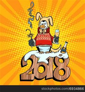 2018 new year, penguin suit yellow earth dog. Champagne and sparklers. Comic book cartoon pop art retro vector illustration drawing. 2018 new year, penguin suit yellow earth dog