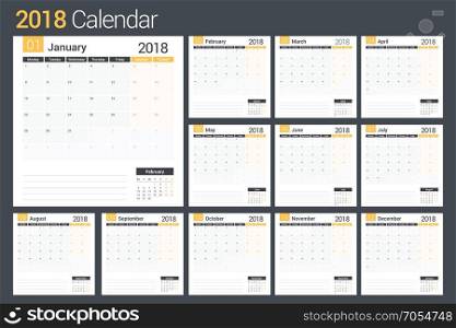 2018 Planner. 2018 Calendar template, planner, 12 pages, vector eps10 illustration