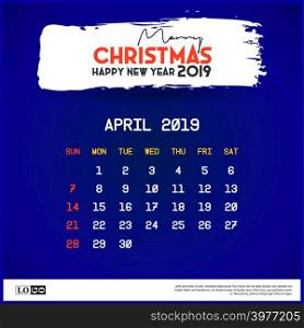 2019 April Calendar Template. merry Christmas and Happy new year blue background