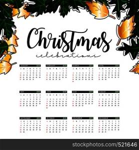 2019 calendar design template of Christmas or New Year decoration. Vector EPS10 Abstract Template background